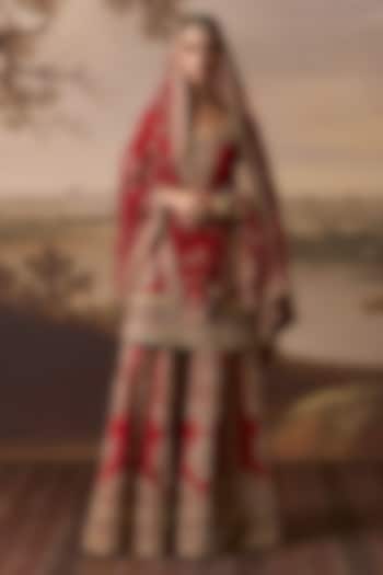 Red Raw Silk Gold Embroidered Bridal Sharara Set by Angad Singh at Pernia's Pop Up Shop