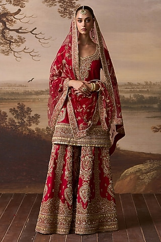 Red Raw Silk Gold Embroidered Sharara Set by Angad Singh