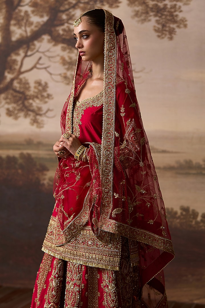 Red Raw Silk Gold Embroidered Bridal Sharara Set by Angad Singh at Pernia's Pop Up Shop