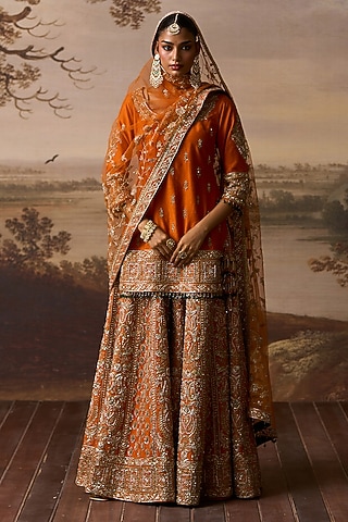 Rust Raw Silk Gold Embroidered Sharara Set by Angad Singh