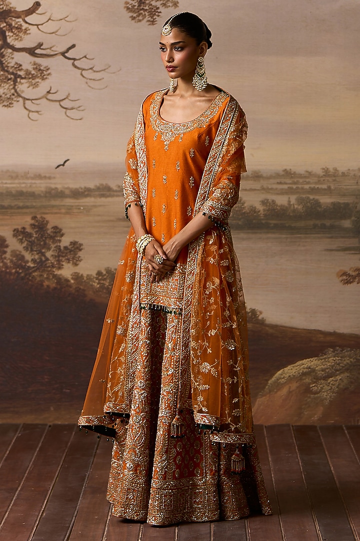Rust Raw Silk Gold Embroidered Bridal Sharara Set by Angad Singh at Pernia's Pop Up Shop