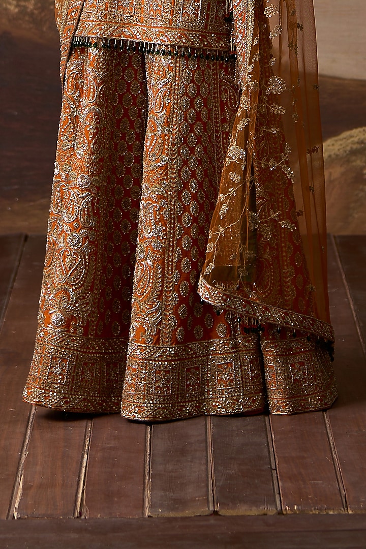 Rust Raw Silk Gold Embroidered Bridal Sharara Set by Angad Singh at Pernia's Pop Up Shop