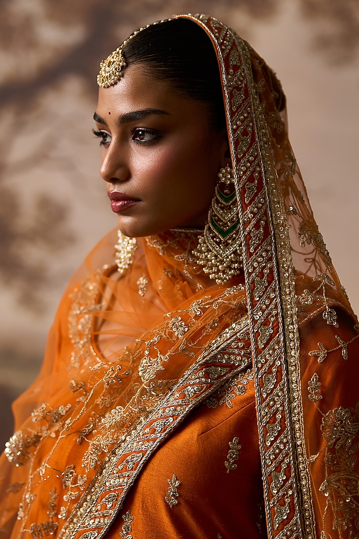 Rust Raw Silk Gold Embroidered Bridal Sharara Set by Angad Singh at Pernia's Pop Up Shop
