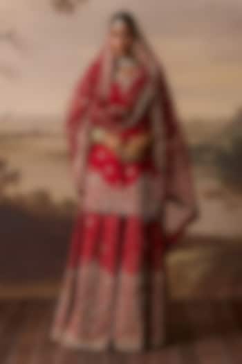 Red Raw Silk Boota Embroidered Bridal Sharara Set by Angad Singh at Pernia's Pop Up Shop