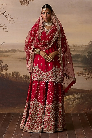 Red Raw Silk Boota Embroidered Sharara Set by Angad Singh