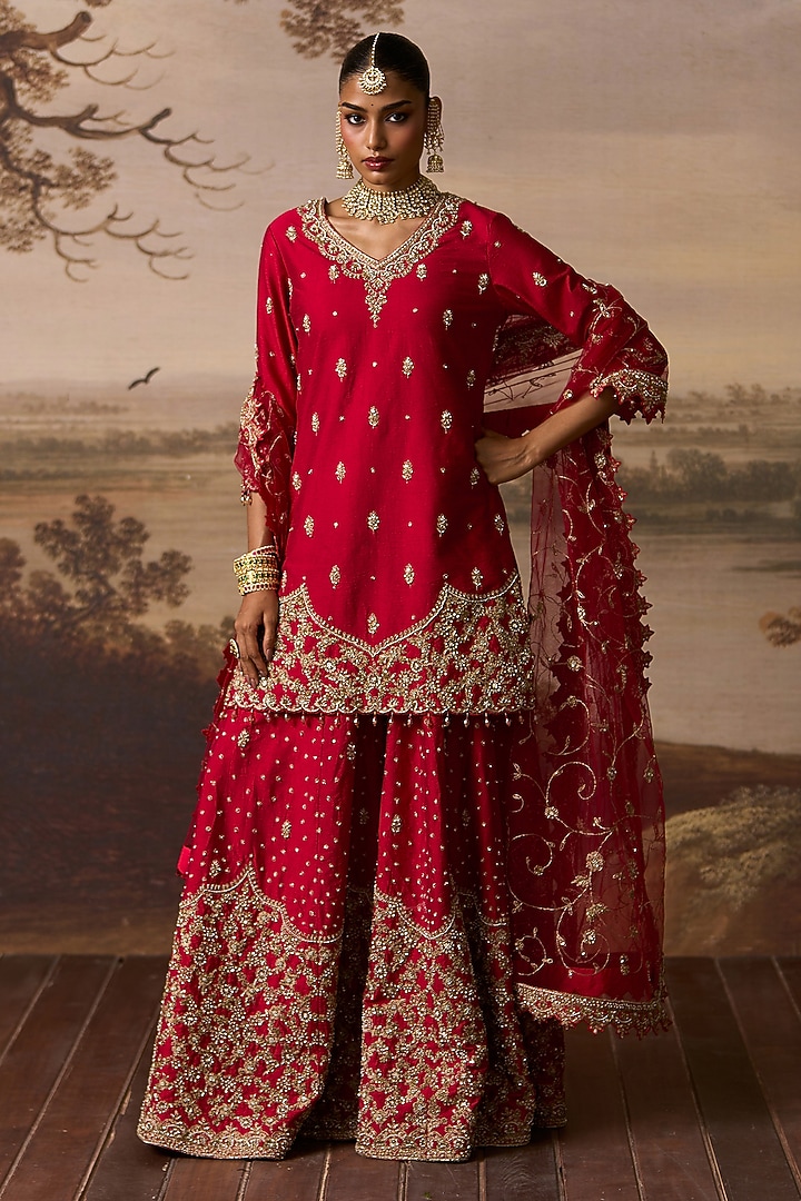 Red Raw Silk Boota Embroidered Bridal Sharara Set by Angad Singh at Pernia's Pop Up Shop