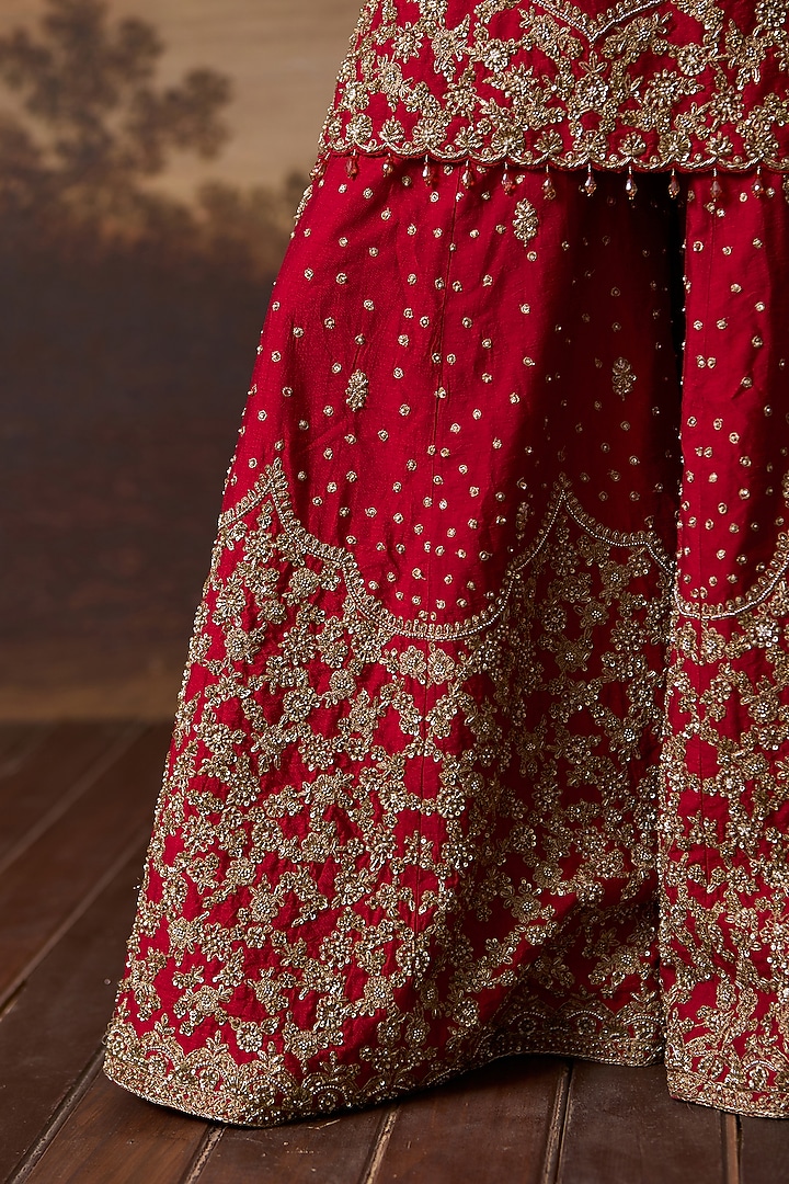 Red Raw Silk Boota Embroidered Bridal Sharara Set by Angad Singh at Pernia's Pop Up Shop