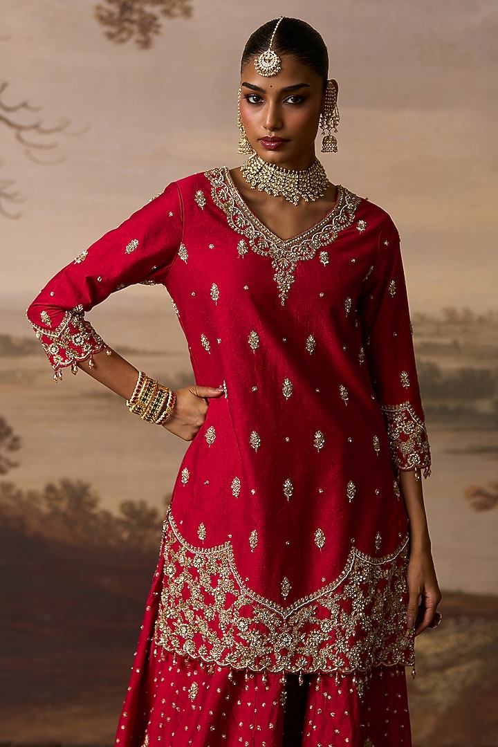 Red Raw Silk Boota Embroidered Bridal Sharara Set by Angad Singh at Pernia's Pop Up Shop