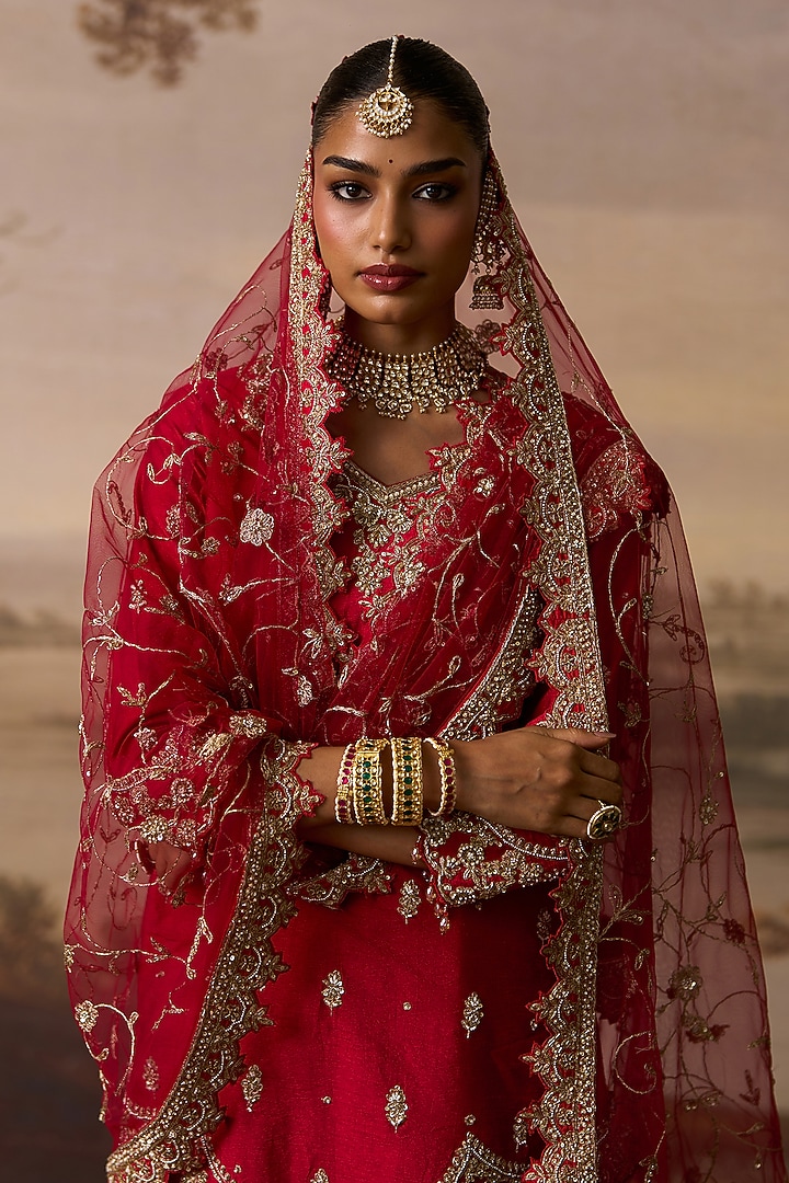 Red Raw Silk Boota Embroidered Bridal Sharara Set by Angad Singh at Pernia's Pop Up Shop
