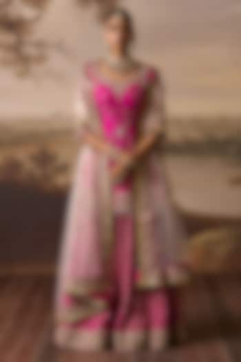 Rani Pink Raw Silk Boota Embroidered Bridal Sharara Set by Angad Singh at Pernia's Pop Up Shop