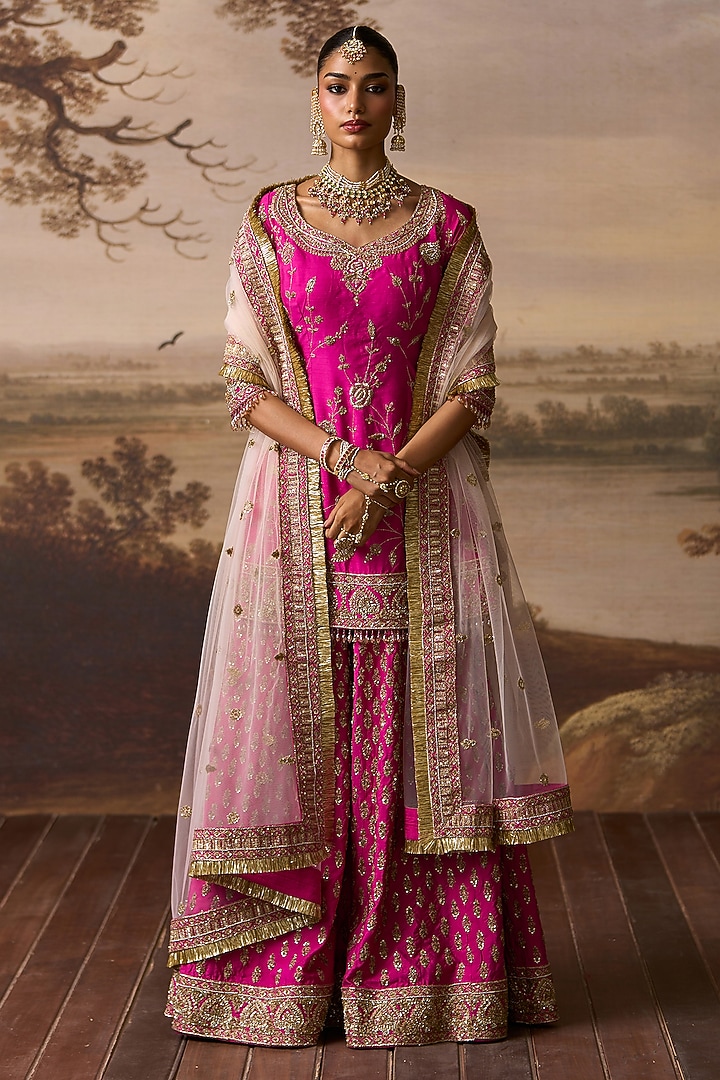 Rani Pink Raw Silk Boota Embroidered Bridal Sharara Set by Angad Singh at Pernia's Pop Up Shop