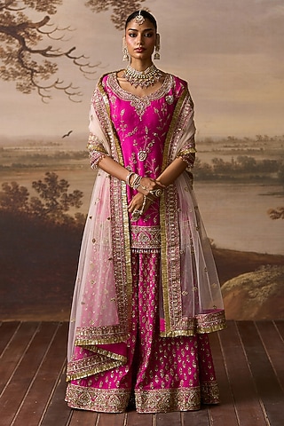 Rani Pink Raw Silk Boota Embroidered Sharara Set by Angad Singh