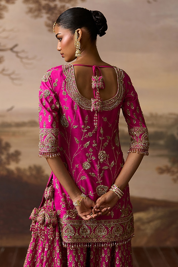 Rani Pink Raw Silk Boota Embroidered Bridal Sharara Set by Angad Singh at Pernia's Pop Up Shop