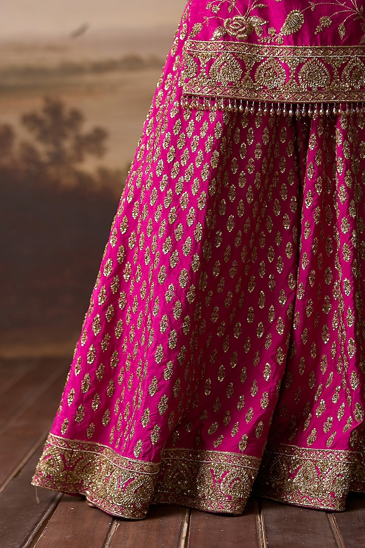 Rani Pink Raw Silk Boota Embroidered Bridal Sharara Set by Angad Singh at Pernia's Pop Up Shop