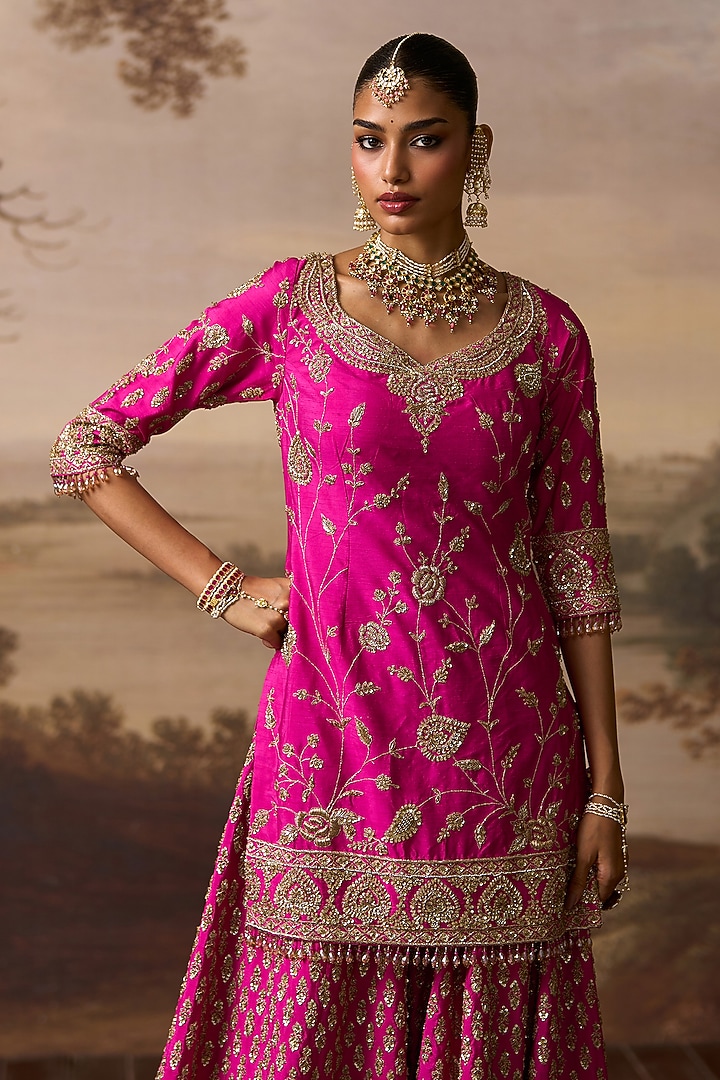 Rani Pink Raw Silk Boota Embroidered Bridal Sharara Set by Angad Singh at Pernia's Pop Up Shop