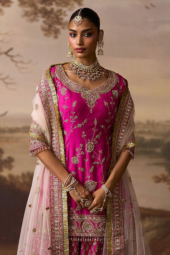 Rani Pink Raw Silk Boota Embroidered Bridal Sharara Set by Angad Singh at Pernia's Pop Up Shop