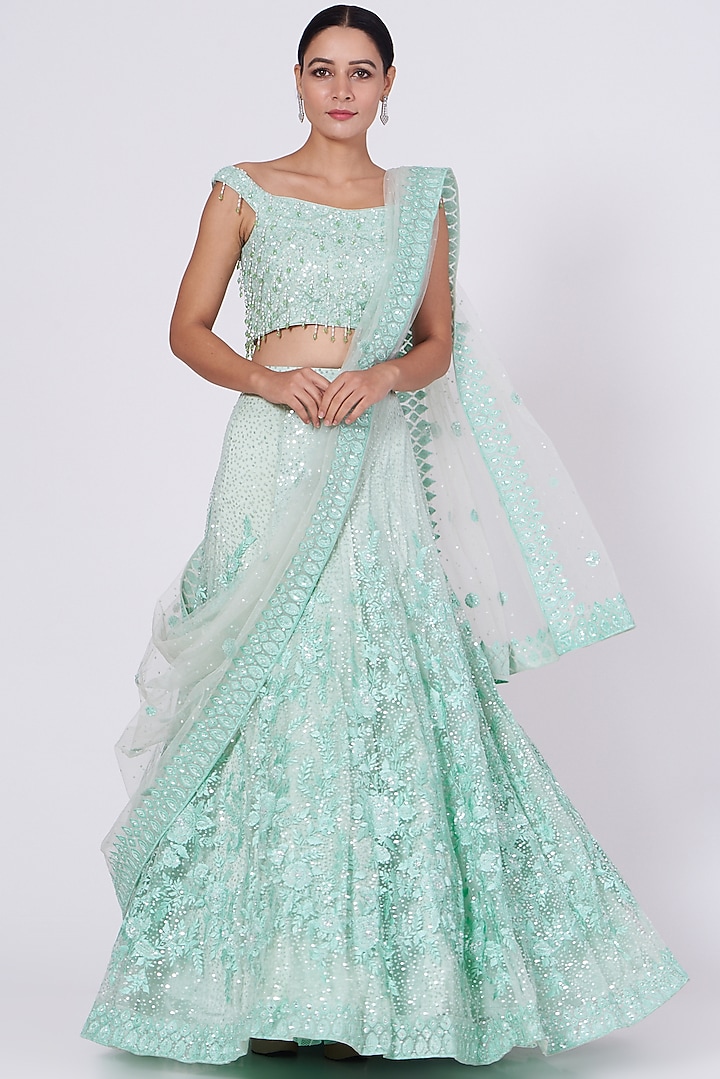 Sea Green Net Embroidered Wedding Lehenga Set by Angad Singh at Pernia's Pop Up Shop