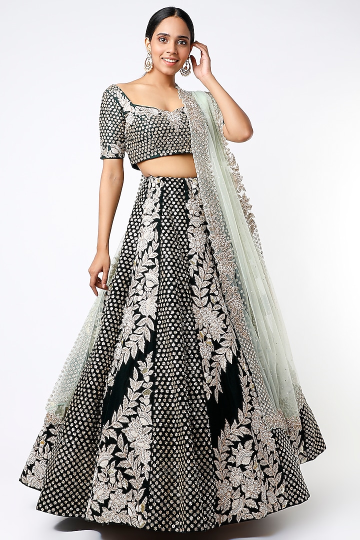 Black Velvet Embroidered Lehenga Set by Angad Singh