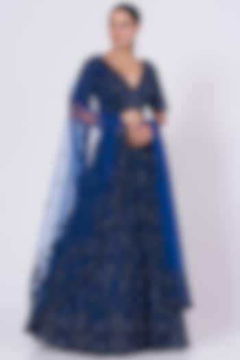 Royal Blue Organza Embroidered Lehenga Set by Angad Singh