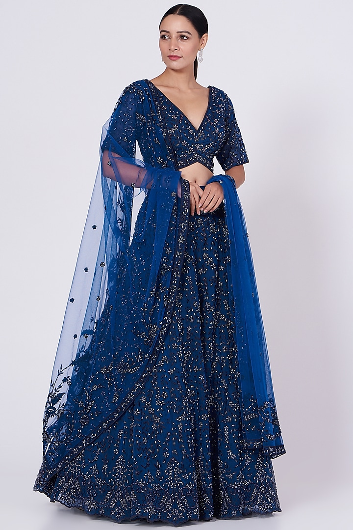 Royal Blue Organza Embroidered Lehenga Set by Angad Singh