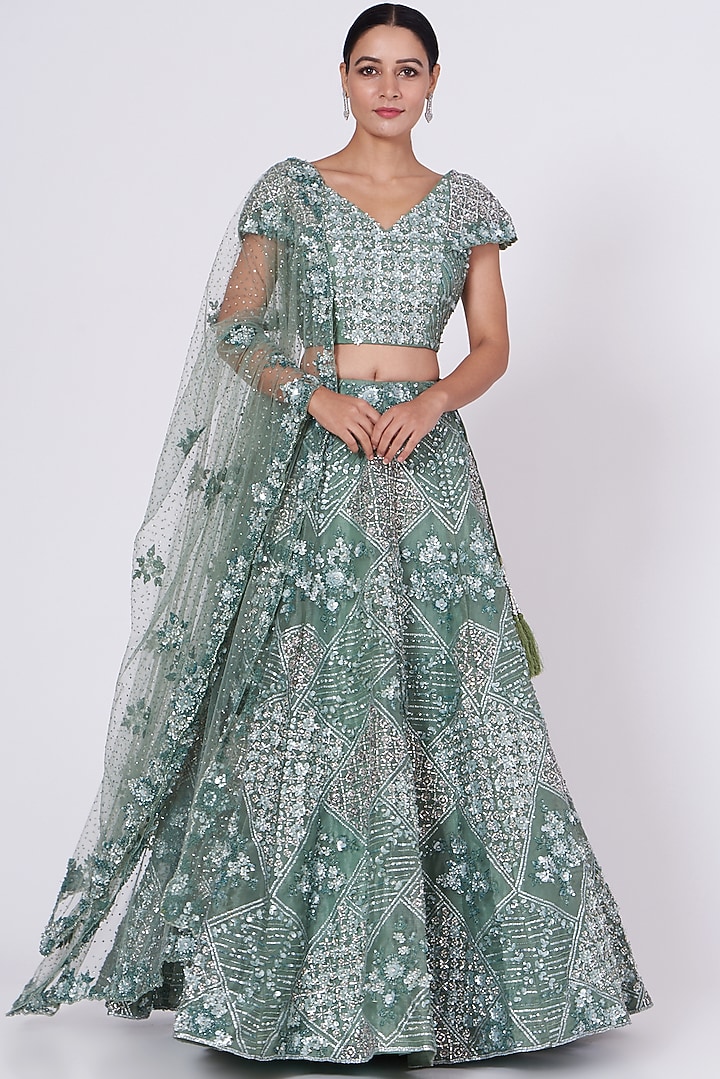 Sage Green Organza Embroidered Wedding Lehenga Set by Angad Singh at  Pernia's Pop Up Shop 2026