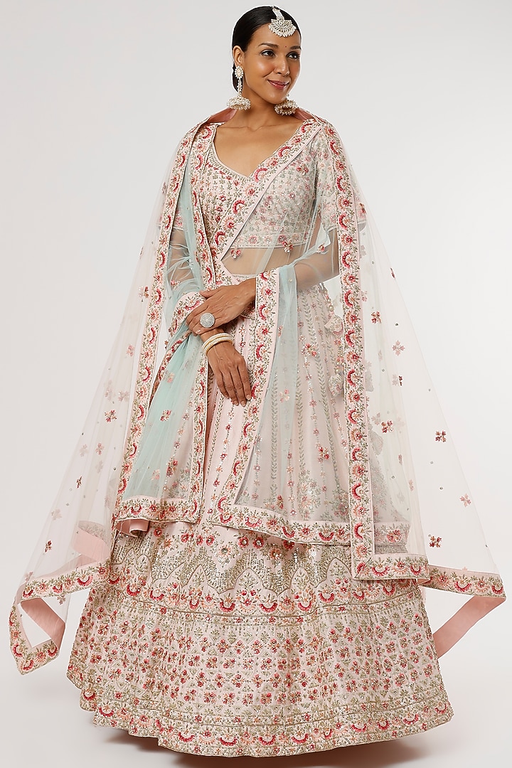 Blush Pink Raw Silk Zardosi Embroidered Wedding Lehenga Set by Angad Singh at Pernia's Pop Up Shop