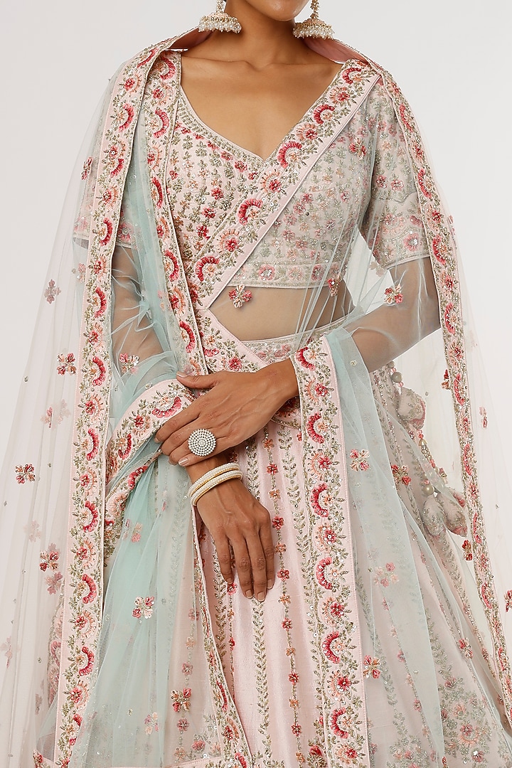 Blush Pink Raw Silk Zardosi Embroidered Wedding Lehenga Set by Angad Singh at Pernia's Pop Up Shop