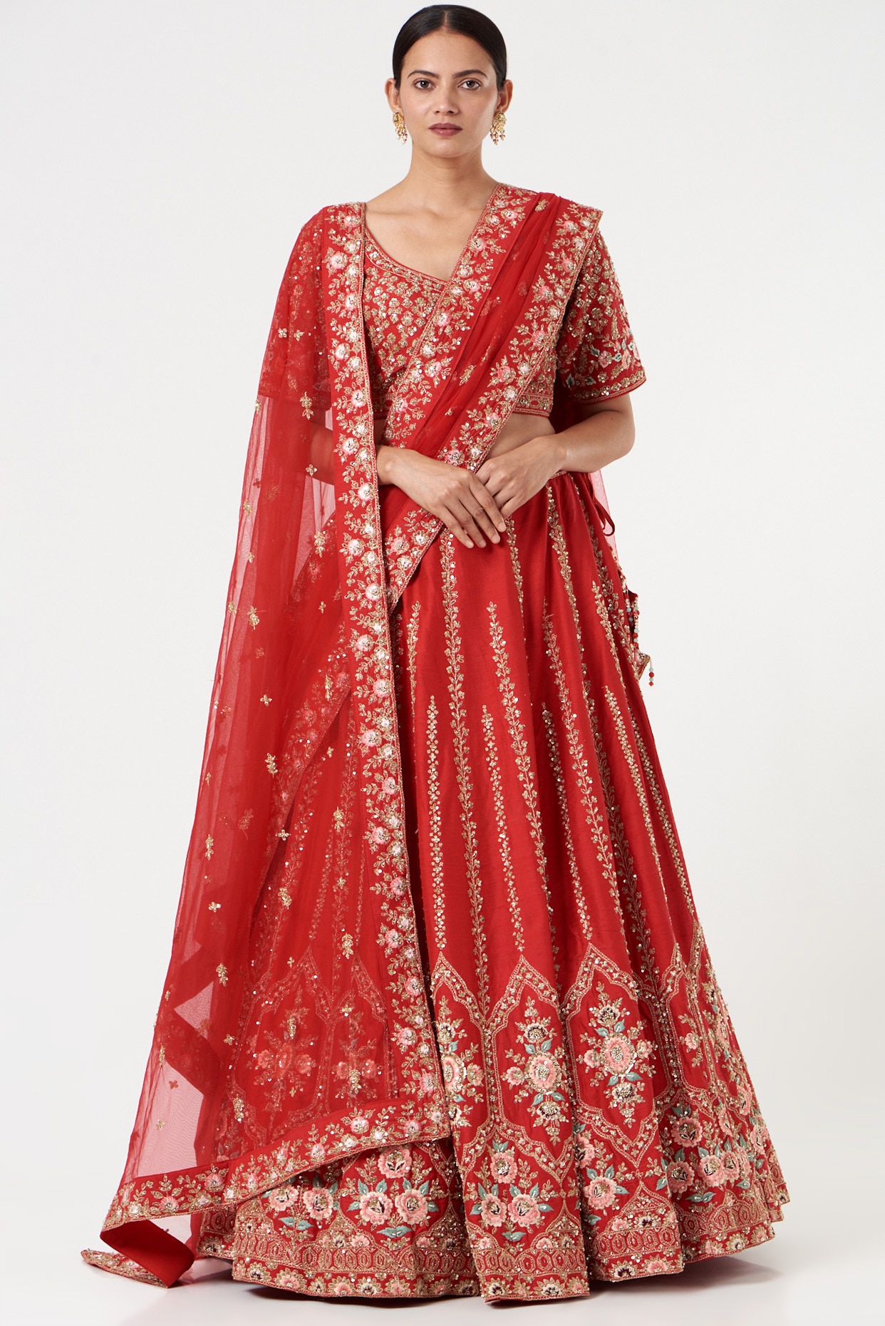Angad Singh Red Raw Silk Hand Embroidered Lehenga Set