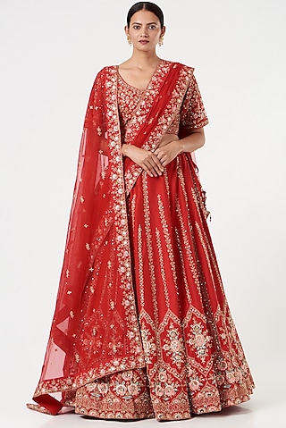 Red Raw Silk Hand Embroidered Lehenga Set by Angad Singh