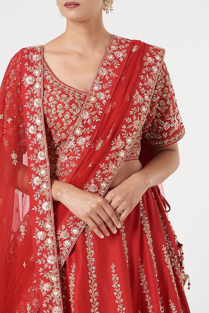 Red Raw Silk Hand Embroidered Wedding Lehenga Set by Angad Singh at Pernia's Pop Up Shop