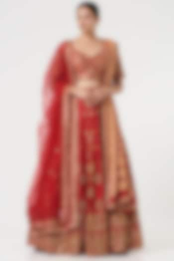 Red Raw Silk Hand Embroidered Lehenga Set Design by Angad Singh at