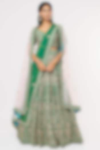 Green Raw Silk Embroidered Lehenga Set by Angad Singh