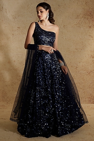 Midnight Blue Embroidered Jacket Lehenga Set Design By, 60% OFF