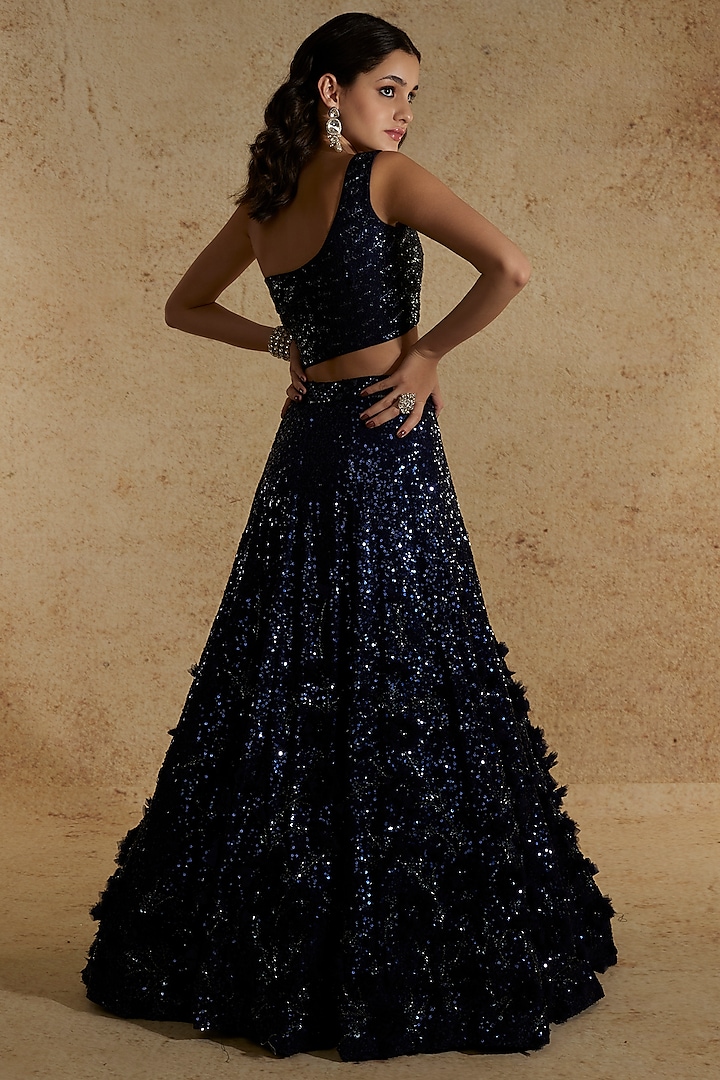 Blue Raw Silk Hand Embroidered Wedding Lehenga Set by Angad Singh at Pernia's Pop Up Shop