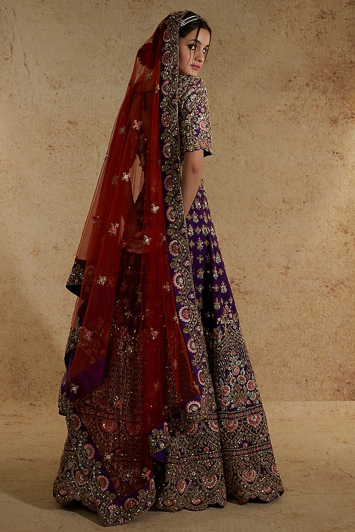 Maroon Raw Silk Hand Embroidered Wedding Lehenga Set by Angad Singh at Pernia's Pop Up Shop