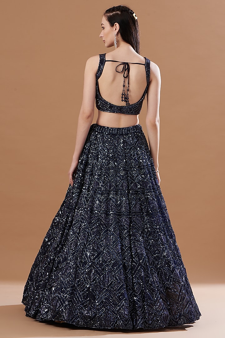 Midnight Blue Organza Embroidered Bridal Lehenga Set by Angad Singh at Pernia's Pop Up Shop