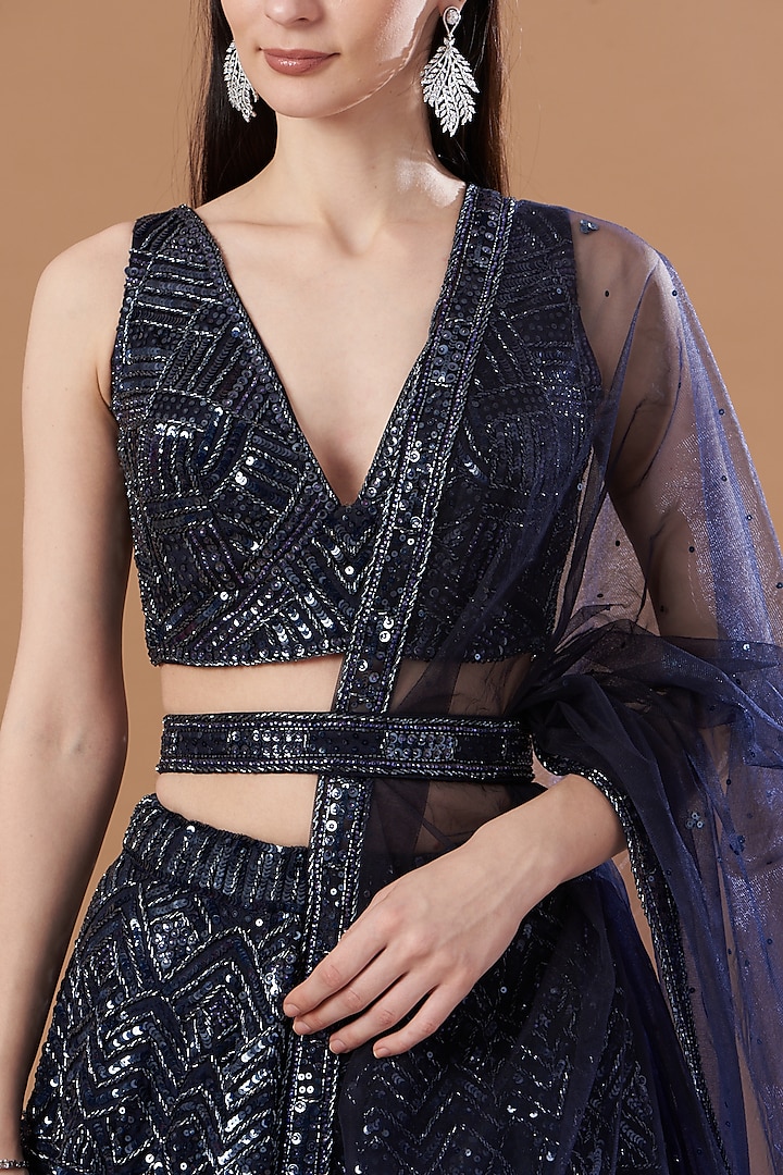 Midnight Blue Organza Embroidered Bridal Lehenga Set by Angad Singh at Pernia's Pop Up Shop