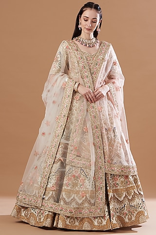 Ivory Raw Silk Embroidered Lehenga Set by Angad Singh