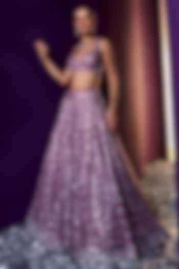 Periwinkle Organza Sequins Embroidered Lehenga Set by Angad Singh