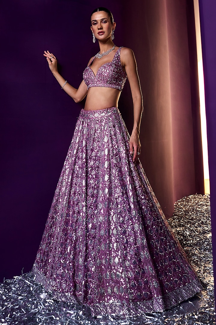 Periwinkle Organza Sequins Embroidered Lehenga Set by Angad Singh