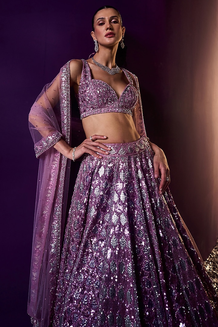 Periwinkle Organza Sequins Embroidered Bridal Lehenga Set by Angad Singh at Pernia's Pop Up Shop