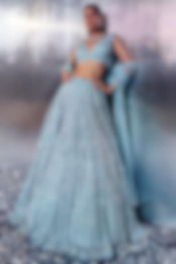 Tiffany Blue Net Sequins & Hand-Dyed Pearl Embroidered Lehenga Set by Angad Singh