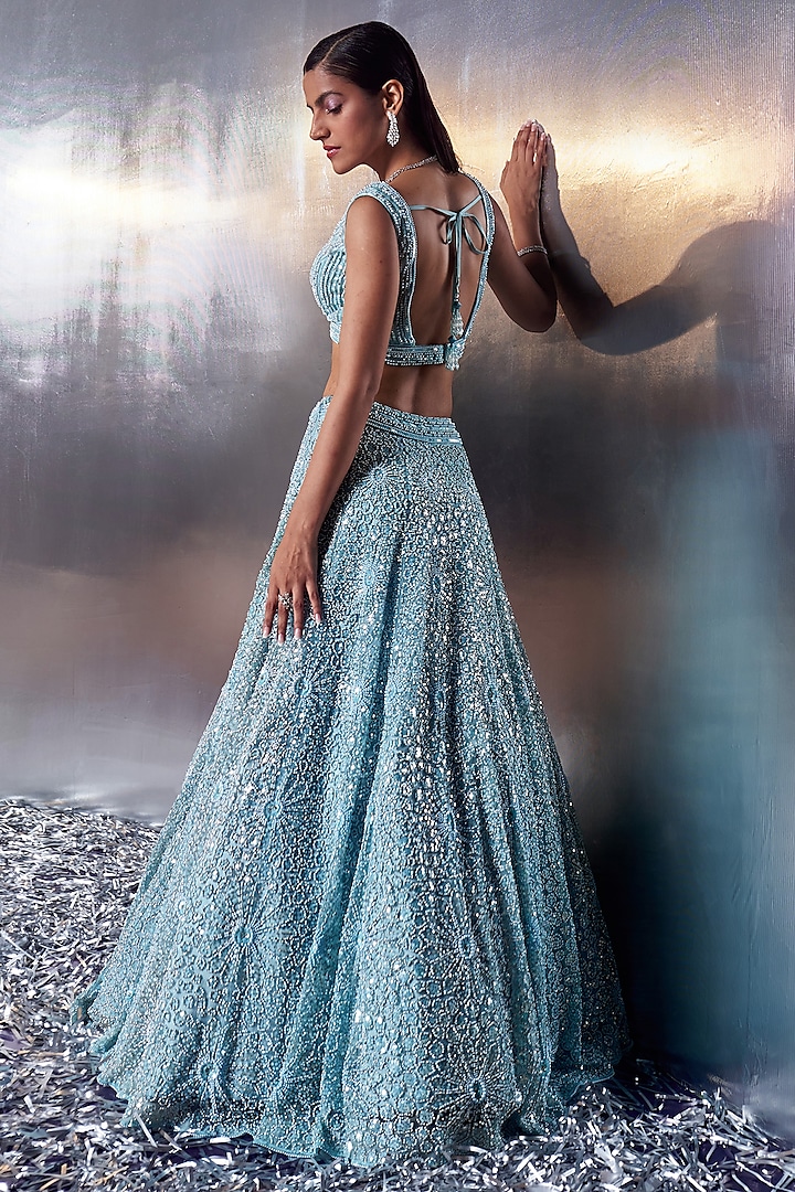 Tiffany Blue Net Sequins & Hand-Dyed Pearl Embroidered Bridal Lehenga Set by Angad Singh at Pernia's Pop Up Shop