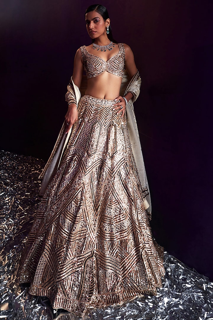 Gold Tissue Crystal & Sequins Embroidered Lehenga Set by Angad Singh