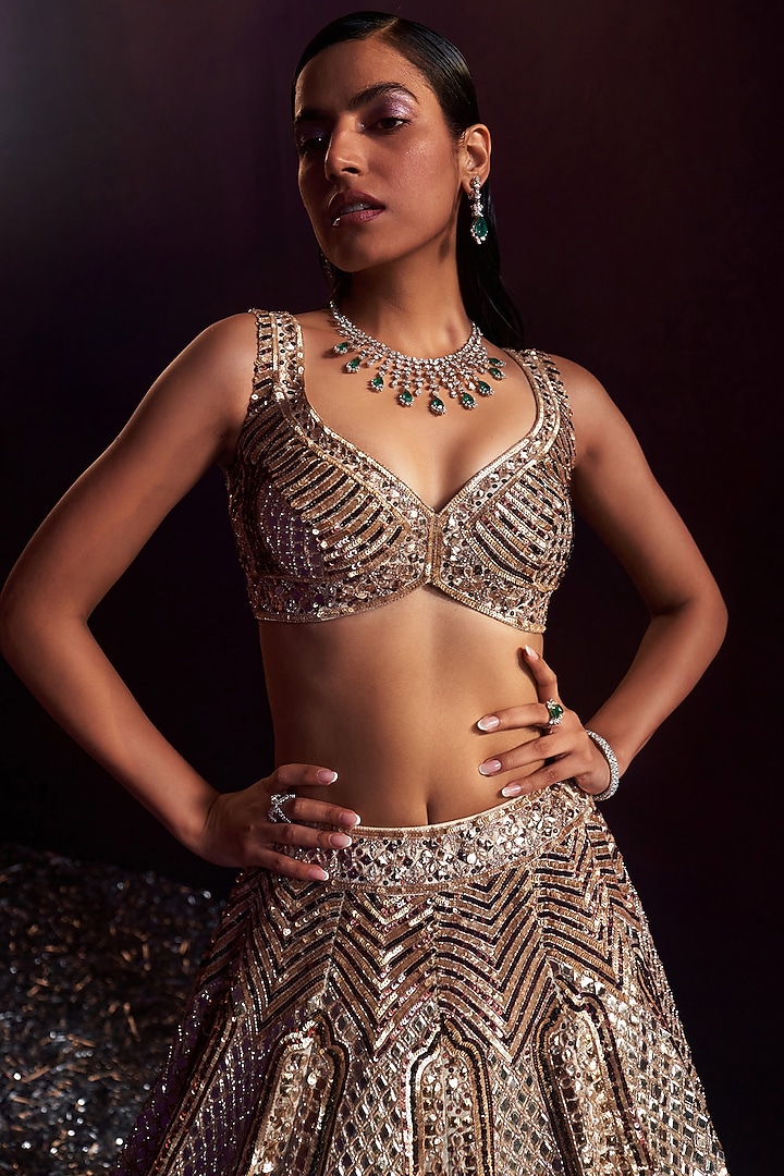 Gold Tissue Crystal & Sequins Embroidered Bridal Lehenga Set by Angad Singh at Pernia's Pop Up Shop