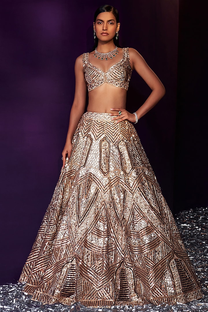 Gold Tissue Crystal & Sequins Embroidered Bridal Lehenga Set by Angad Singh at Pernia's Pop Up Shop