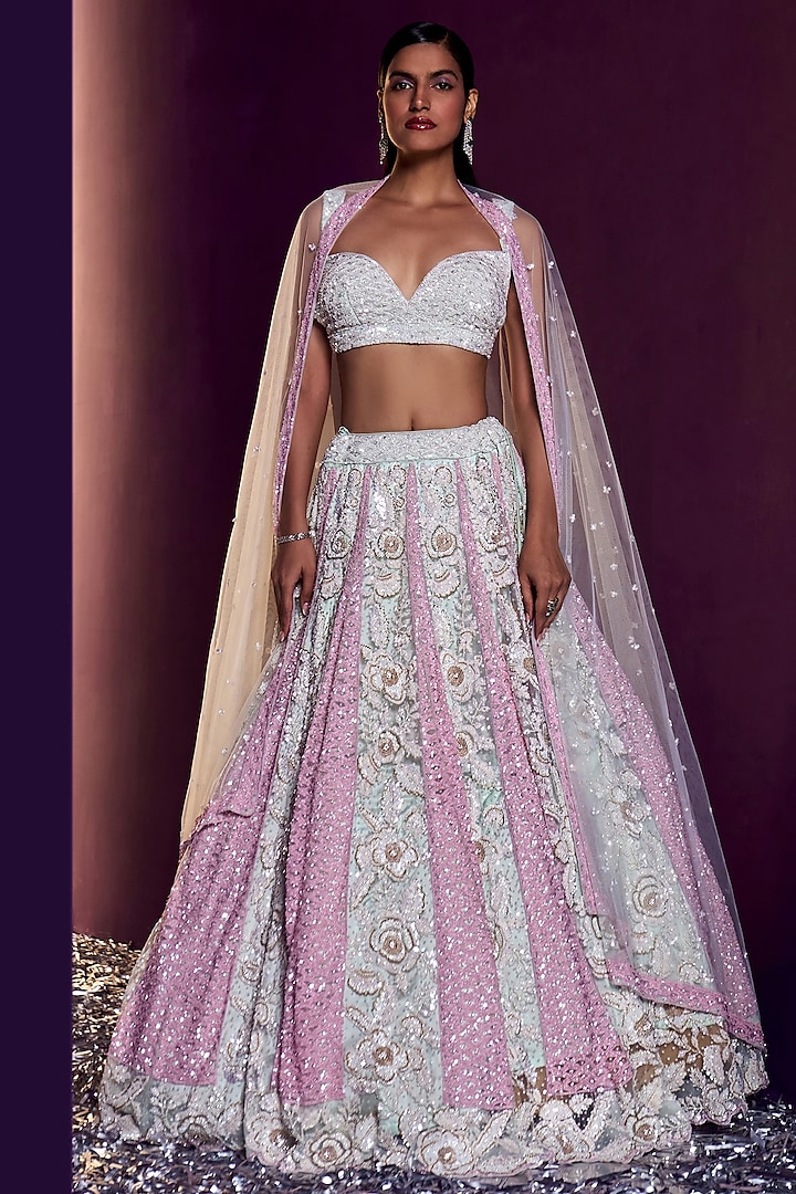 Ice Blue Net Sequins & Cutdana Embroidered Bridal Lehenga Set by Angad Singh at Pernia's Pop Up Shop