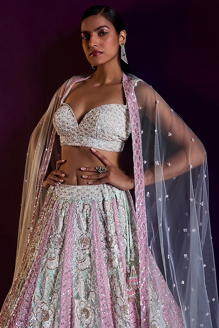 Ice Blue Net Sequins & Cutdana Embroidered Bridal Lehenga Set by Angad Singh at Pernia's Pop Up Shop