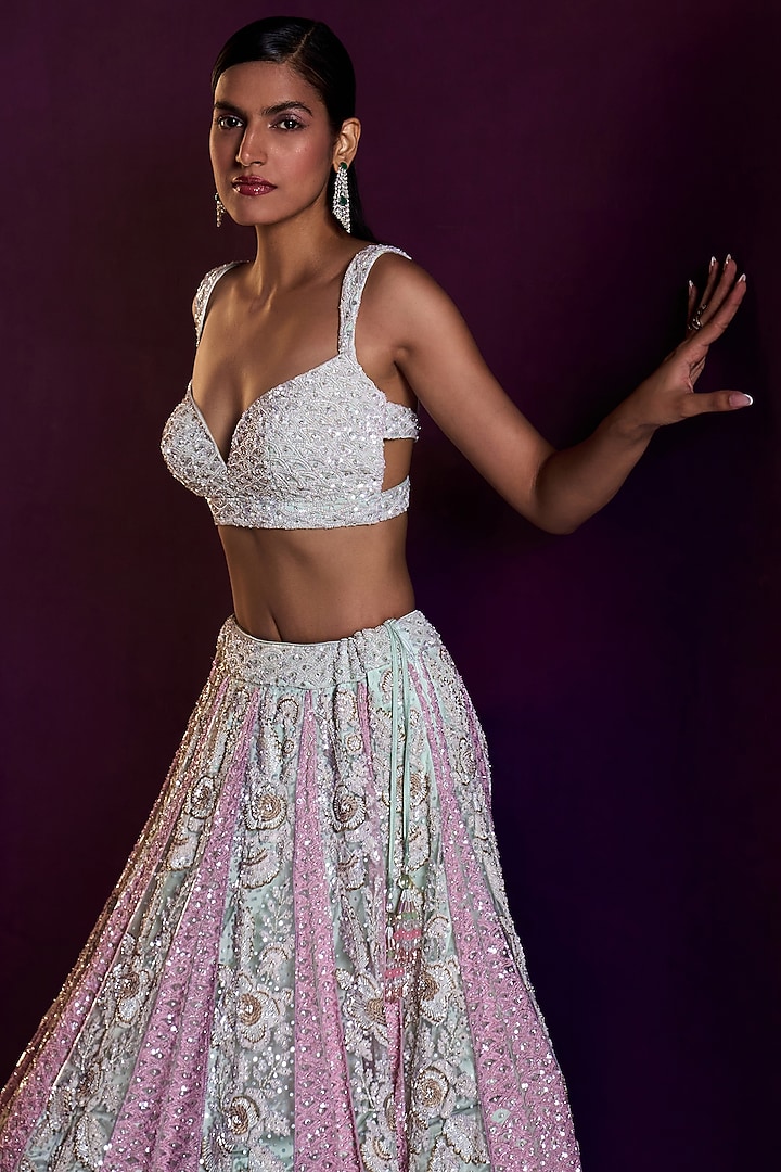 Ice Blue Net Sequins & Cutdana Embroidered Bridal Lehenga Set by Angad Singh at Pernia's Pop Up Shop