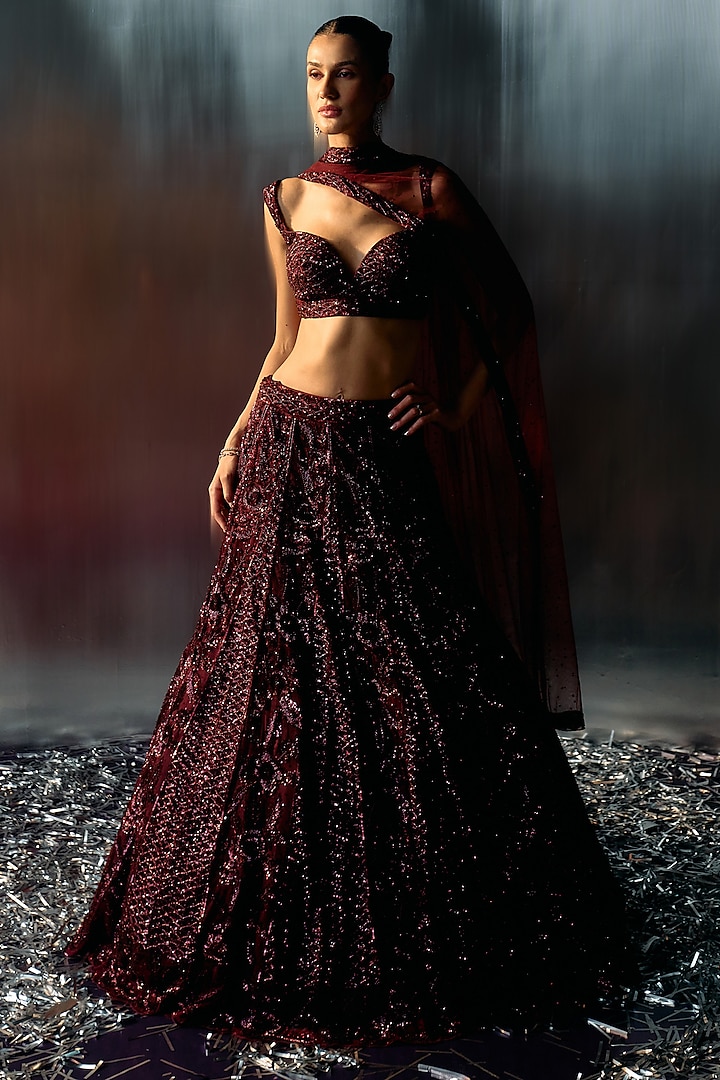 Deep Wine Net Sequins & Crystal Embroidered Lehenga Set by Angad Singh